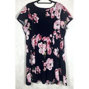 JH Floral Dress Cap Short Sleeve Flowers Back Zip Lined Blue Pink Size 18W